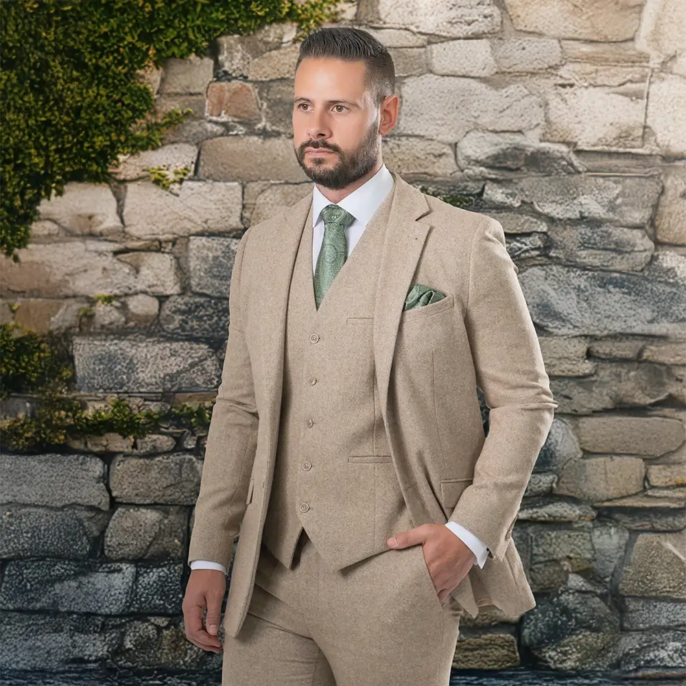 Beige Tweed 3 Piece Suit