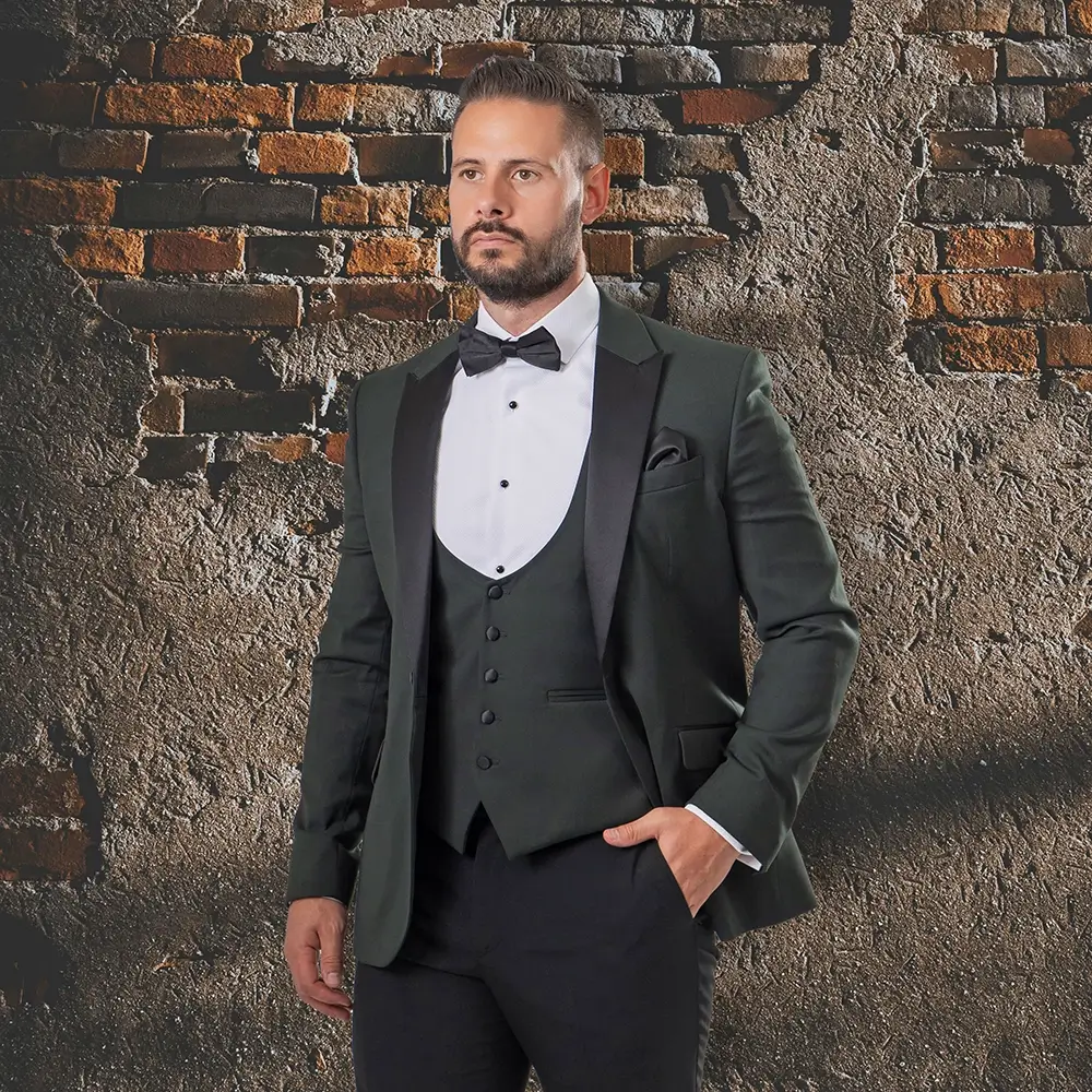 Image of Venice Olive Green 3 Piece Tuxedo (Black Trousers)